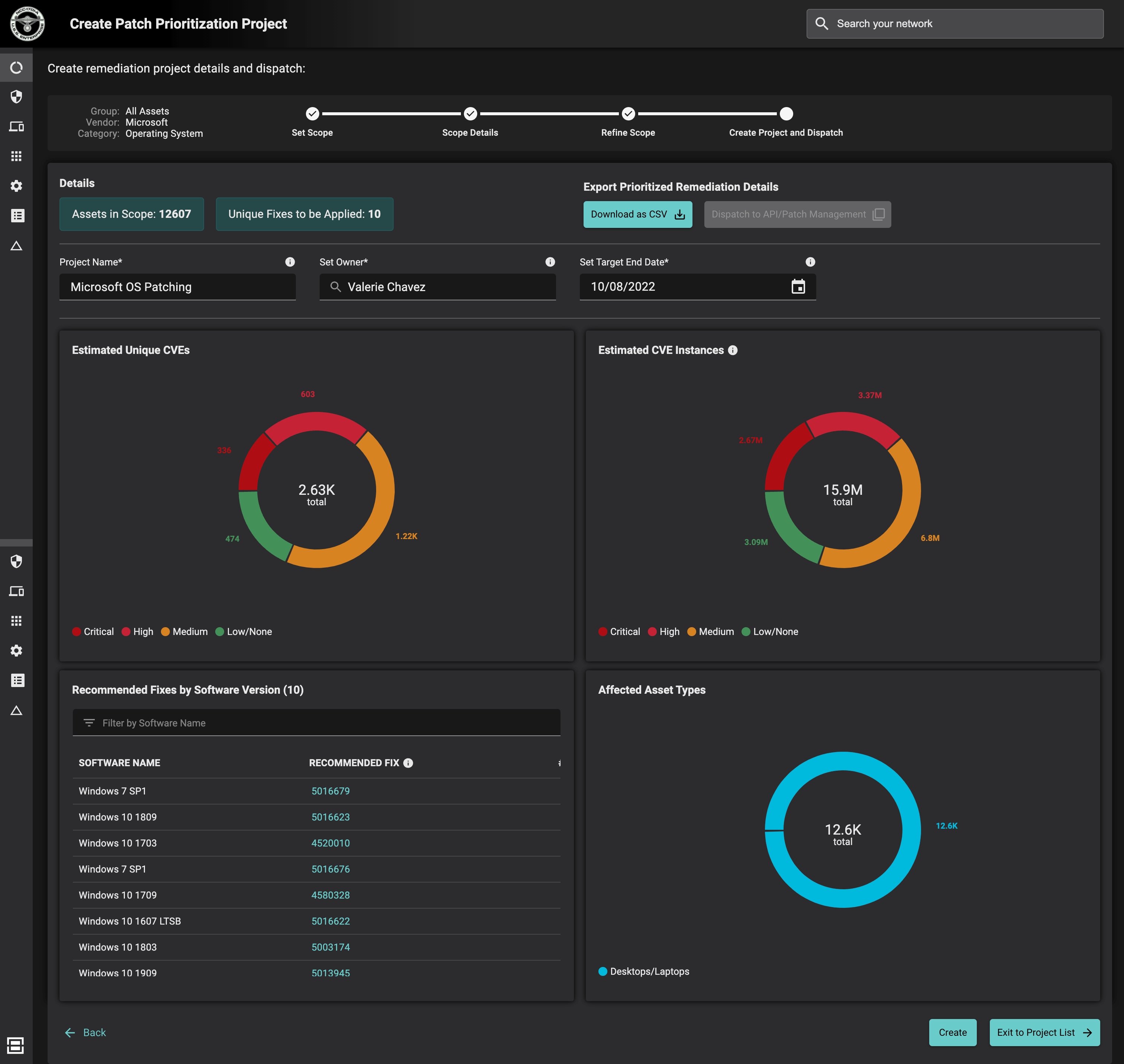 A Balbix screenshot of a patch prioritization project showing the estimated number of unique CVEs, CVE instances, recommended fixes and affected asset types to patch