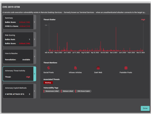 A comprehensive CVE details view with Risk Score, Remediation Instructions, Adversary Threat Activity and MITRE ATT&CK Mapping