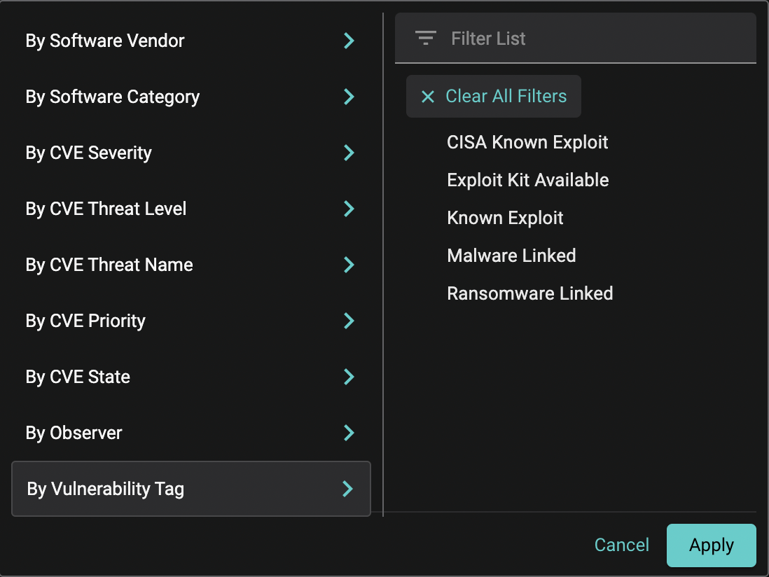 A screenshot of vulnerability tags that can be enabled within CVE Prioritization