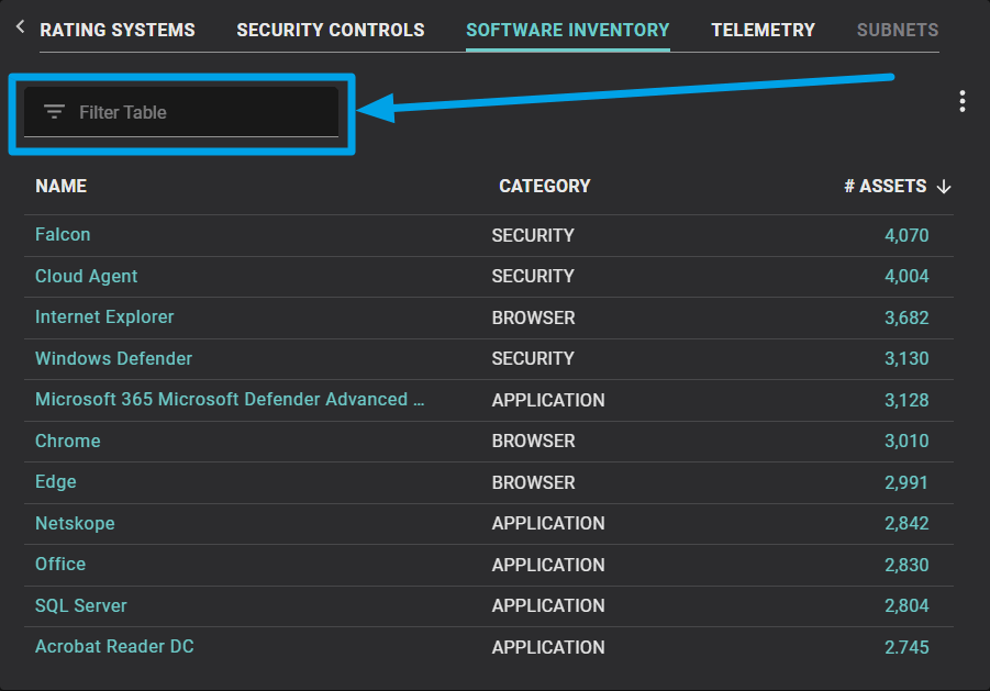 A search within the software inventory