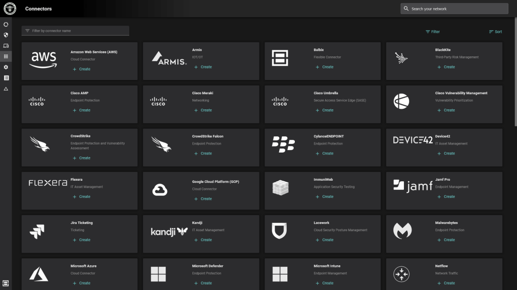 A snapshot listing some of the available connectors in Balbix's connector marketplace