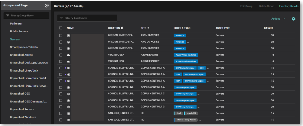 A unified inventory of servers across cloud environments (Azure, AWS, GCP) and on-premises (at HQ)