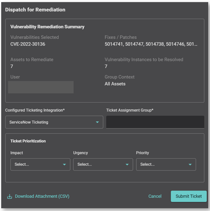 A view of a remediation ticket configured to integrate with ServiceNow