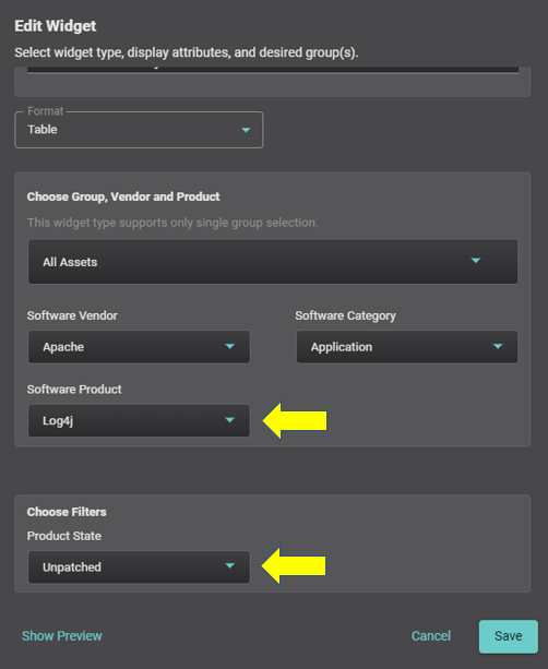 An example search for assets with unpatched Log4j software components