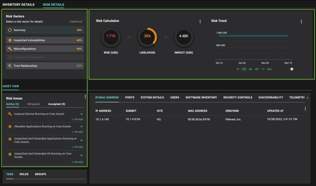 Asset view screenshot with associated security issues and breach risk details