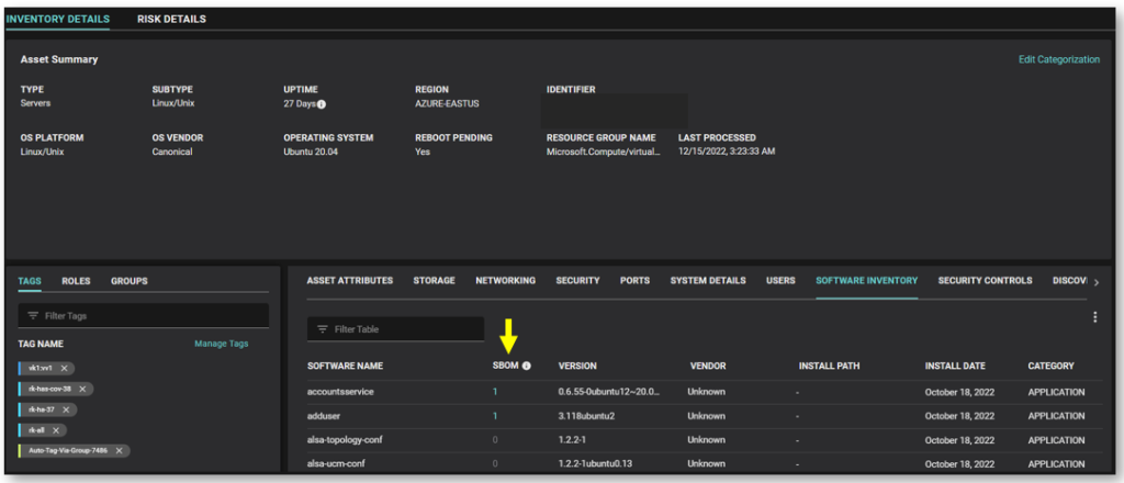 Azure asset inventory details showing software inventory and SBOM
