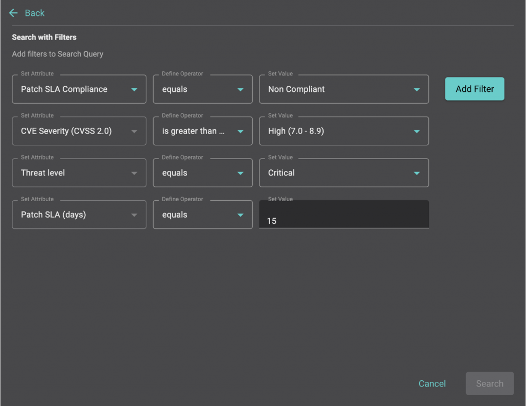 Balbix allows you to search and filter on a broad range of matching criteria