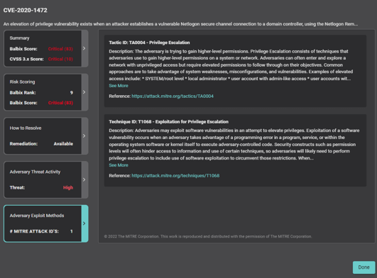 Balbix automatically maps CVEs to MITRE ATT&CK Tactics and Techniques 