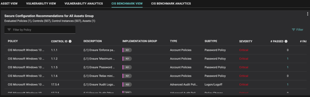 Balbix dashboard showing CIS configuration recommendations for Windows