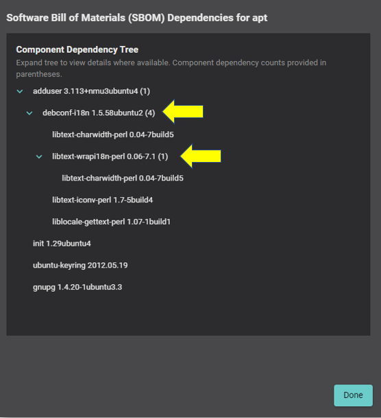 Balbix interface showcasing SBOM dependencies view, including nested dependencies