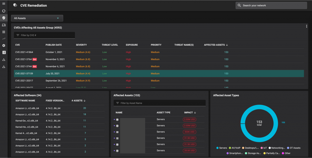 Balbix provides a CVE-based view that automatically lists affected software and assets, along with additional details about the CVE