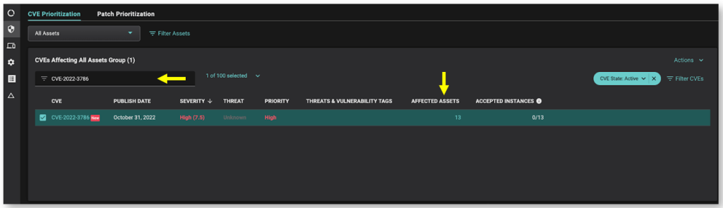 CVE search results showing the number of affected assets