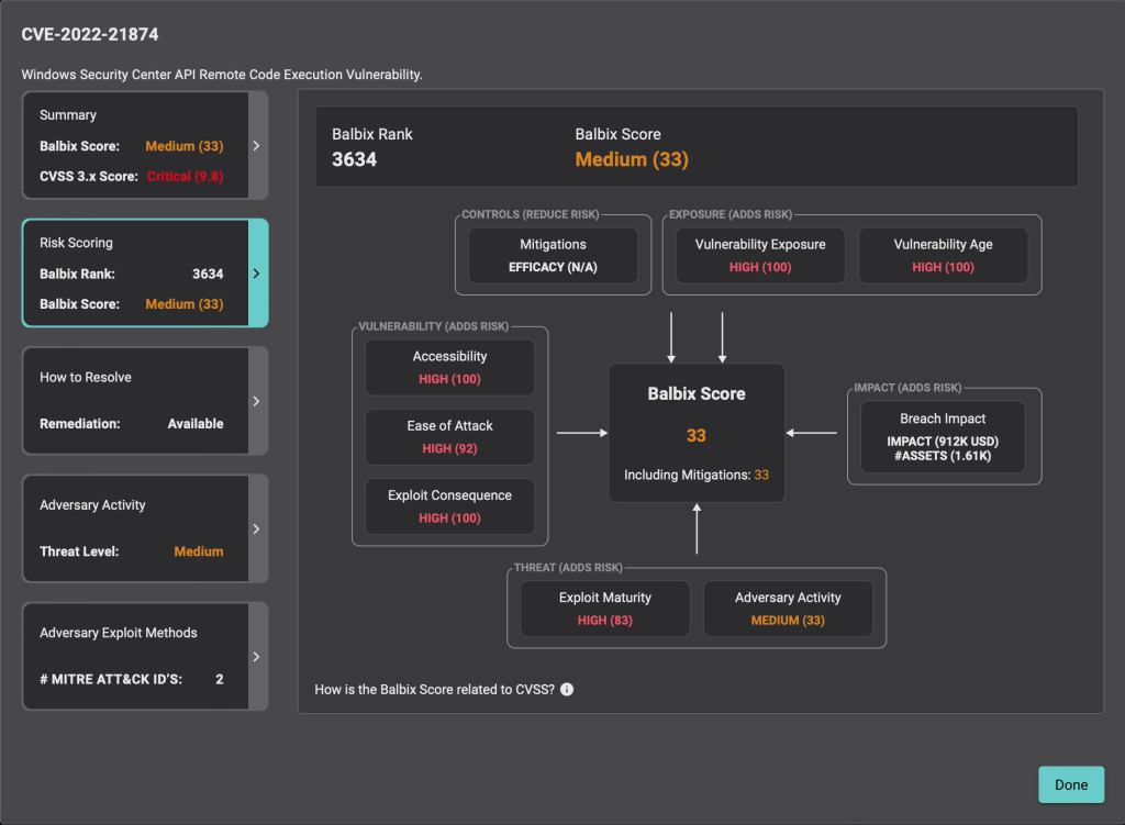 Example CVE Illustrating the Comprehensive Considerations of Balbix Score & Rank