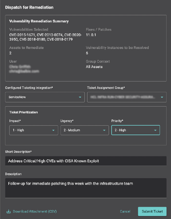 Example ServiceNow ticket submission from within Balbix