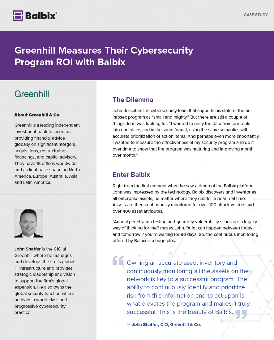 Greenhill Measures Their Cybersecurity Program ROI With Balbix