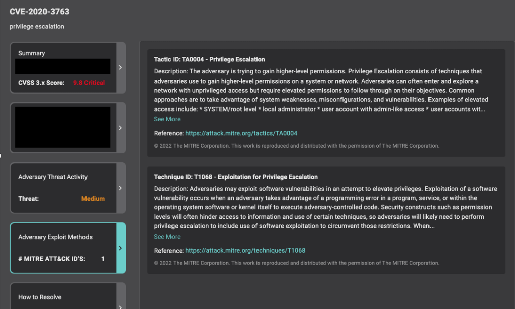 Mapping of CVE-2020-3763 to the Privilege Escalation tactic (TA0004) and Exploitation for Privilege Escalation technique (T1068) 