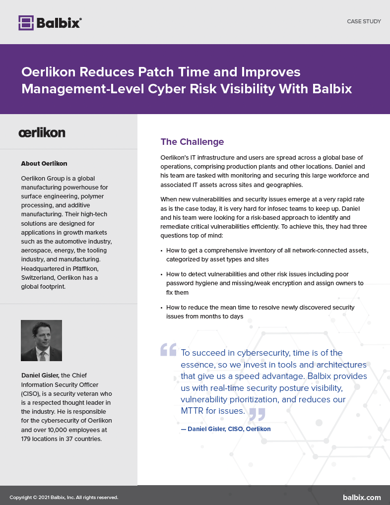 Oerlikon Reduces Patch Time and Improves  Management-Level Cyber Risk Visibility