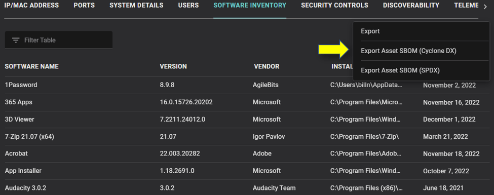 Options to export the SBOM in CycloneDX and SPDX formats