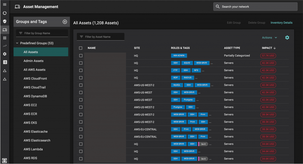 Predefined asset groups and unified list of assets across cloud and on-premises