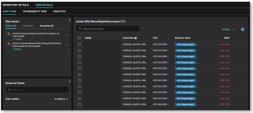 Risk issues affecting GCP Compute Engine instances, with risk calculated in dollars