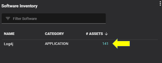 Search results showing the list of assets with unpatched Log4j instances