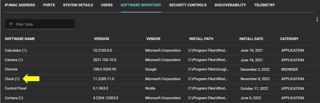 Software inventory showing software name, version, vendor, install date and an option to invoke SBOM dependencies