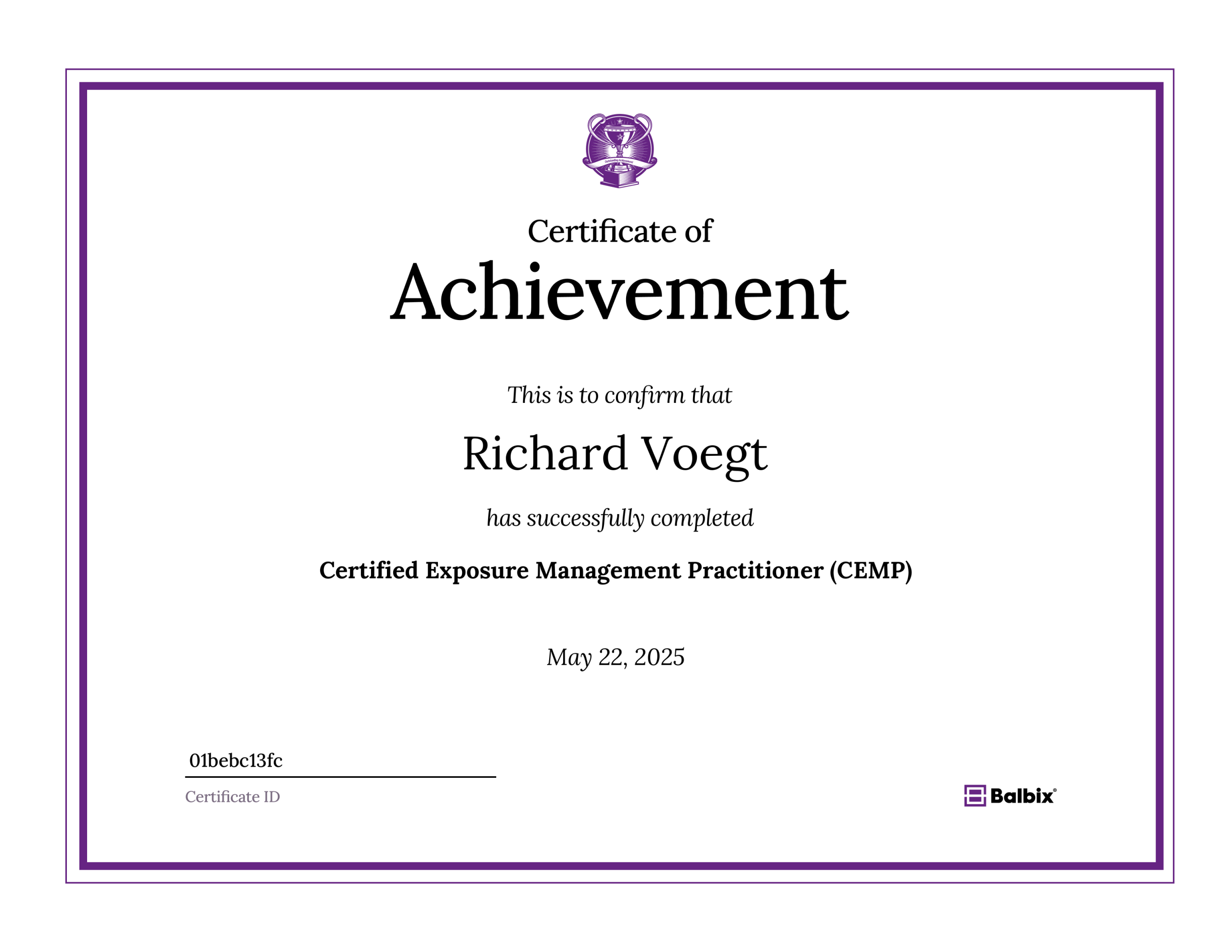 Certificate ID - 01bebc13fc