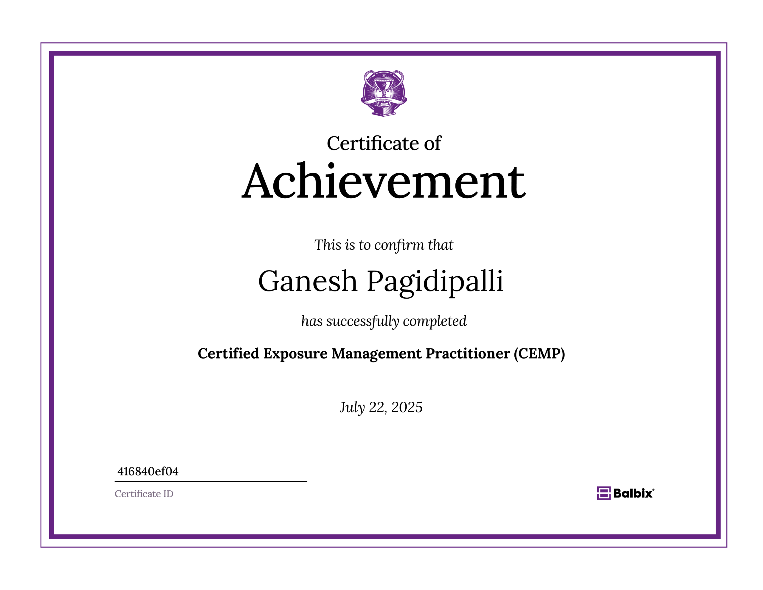 Certificate ID - 416840ef04