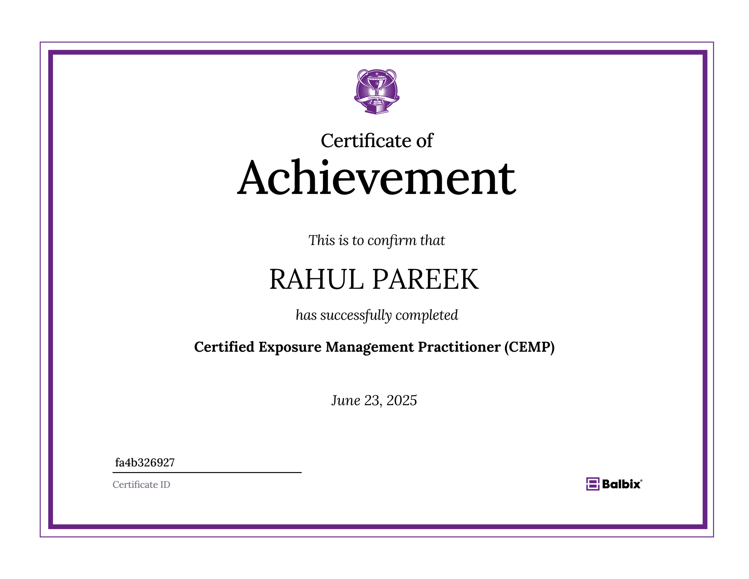Certificate ID - fa4b326927